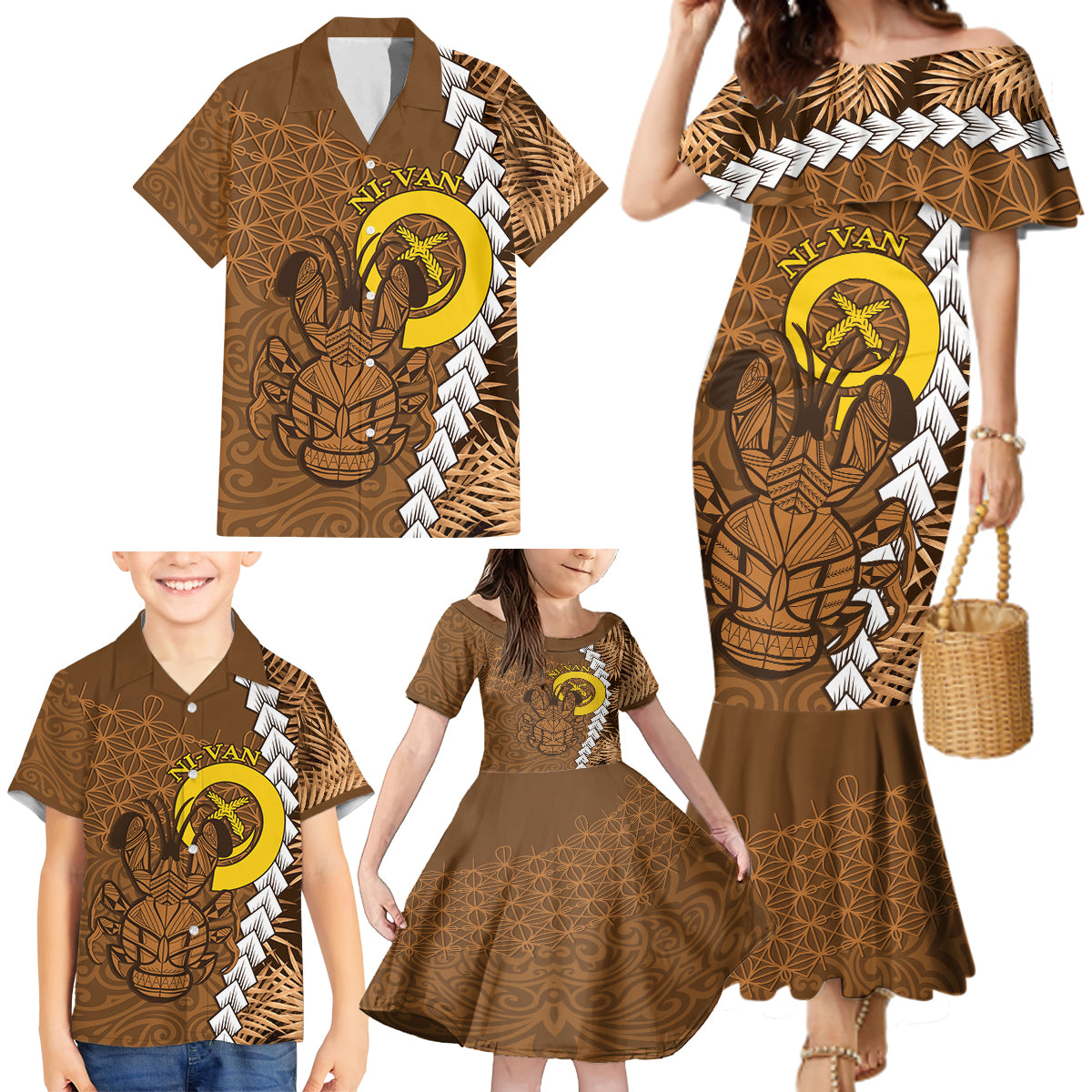 Vanuatu Coconut Crab Family Matching Mermaid Dress and Hawaiian Shirt Ni-Van Tropical Leaves With Sand Drawing Art LT14 - Polynesian Pride