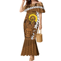 Vanuatu Coconut Crab Family Matching Mermaid Dress and Hawaiian Shirt Ni-Van Tropical Leaves With Sand Drawing Art LT14 Mom's Dress Brown - Polynesian Pride