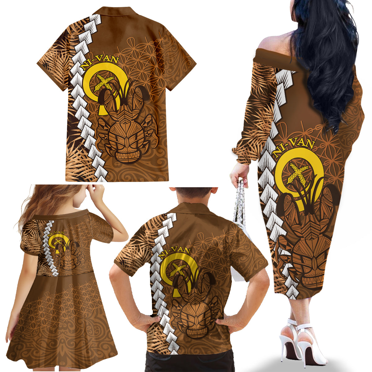 Vanuatu Coconut Crab Family Matching Off The Shoulder Long Sleeve Dress and Hawaiian Shirt Ni-Van Tropical Leaves With Sand Drawing Art LT14 - Polynesian Pride