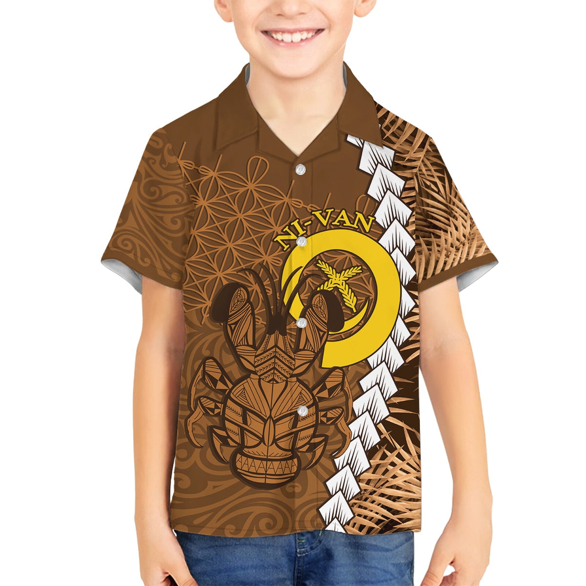 Vanuatu Coconut Crab Family Matching Off The Shoulder Long Sleeve Dress and Hawaiian Shirt Ni-Van Tropical Leaves With Sand Drawing Art LT14 Son's Shirt Brown - Polynesian Pride