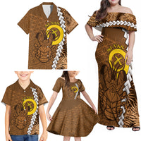 Vanuatu Coconut Crab Family Matching Off Shoulder Maxi Dress and Hawaiian Shirt Ni-Van Tropical Leaves With Sand Drawing Art LT14 - Polynesian Pride