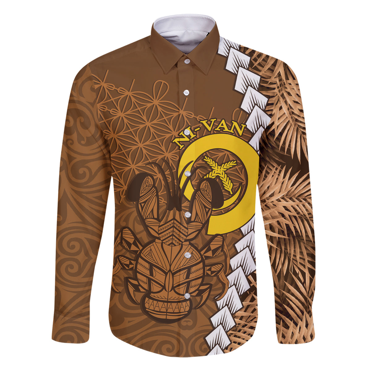 Vanuatu Coconut Crab Family Matching Off Shoulder Maxi Dress and Hawaiian Shirt Ni-Van Tropical Leaves With Sand Drawing Art LT14 Dad's Shirt - Long Sleeve Brown - Polynesian Pride