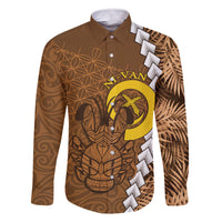 Vanuatu Coconut Crab Family Matching Off Shoulder Maxi Dress and Hawaiian Shirt Ni-Van Tropical Leaves With Sand Drawing Art LT14 Dad's Shirt - Long Sleeve Brown - Polynesian Pride