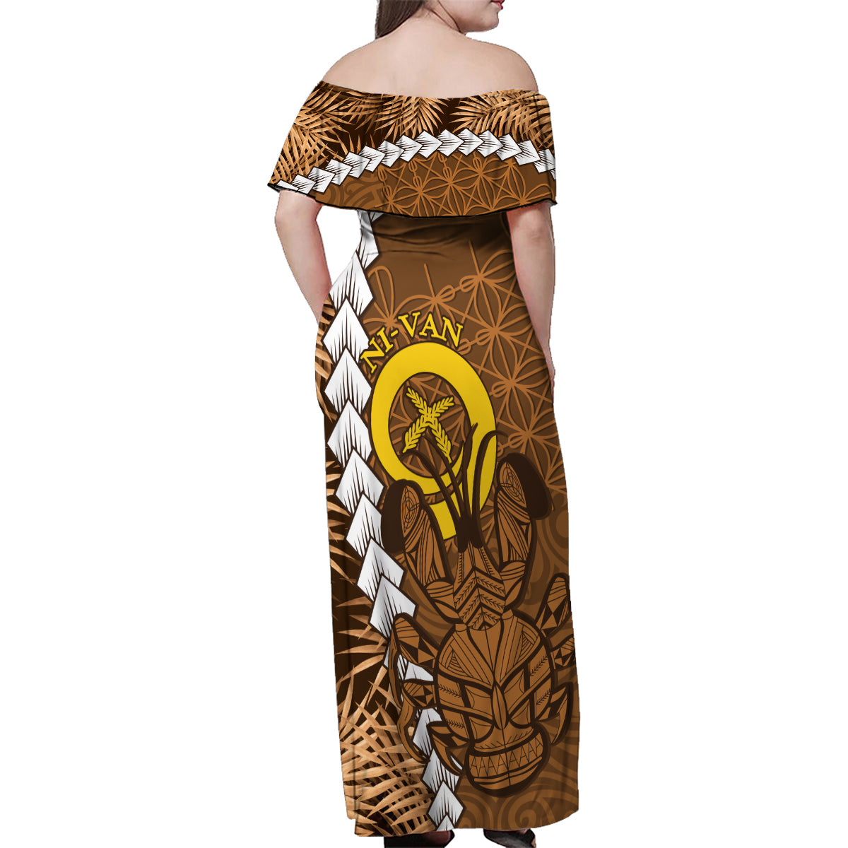 Vanuatu Coconut Crab Family Matching Off Shoulder Maxi Dress and Hawaiian Shirt Ni-Van Tropical Leaves With Sand Drawing Art LT14 - Polynesian Pride