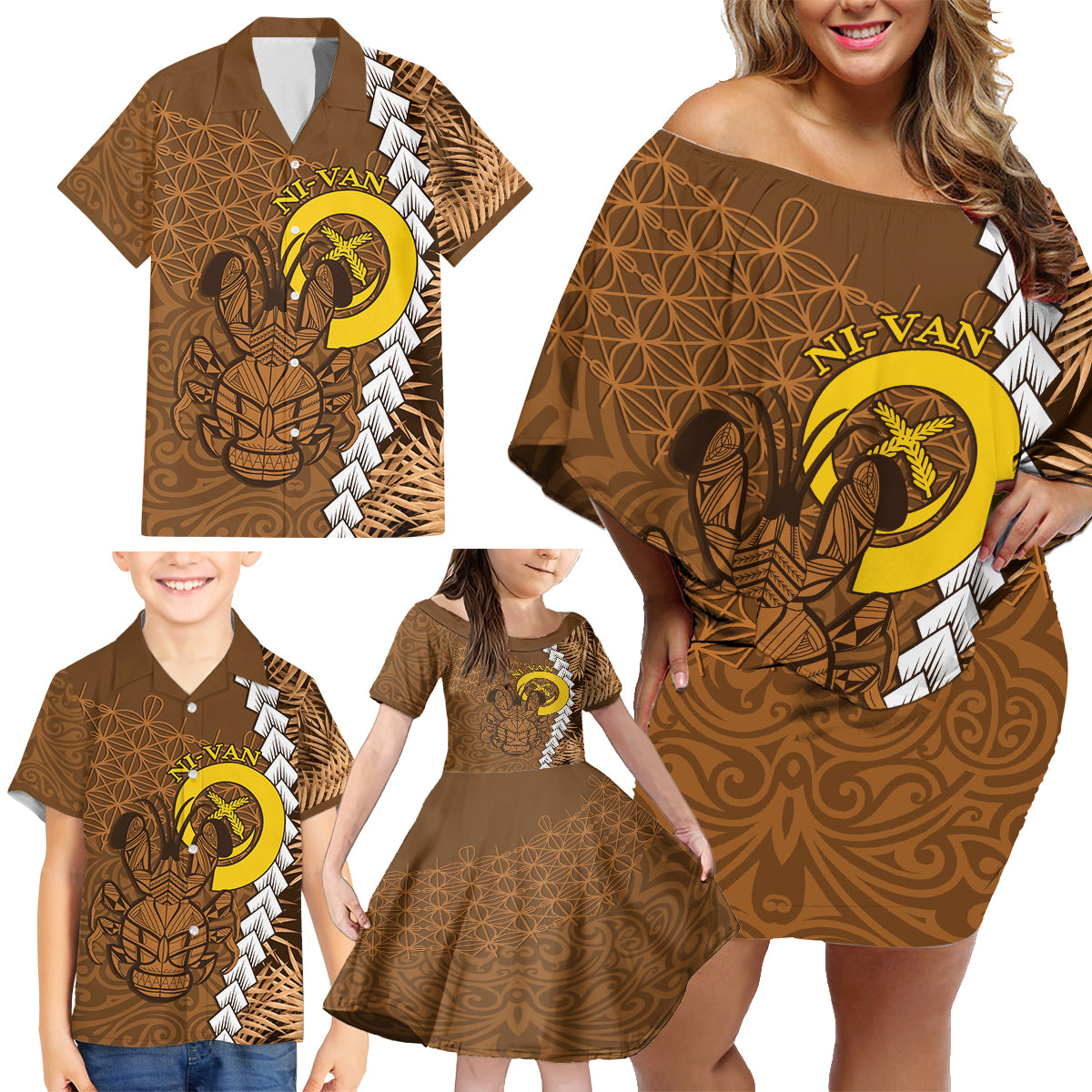 Vanuatu Coconut Crab Family Matching Off Shoulder Short Dress and Hawaiian Shirt Ni-Van Tropical Leaves With Sand Drawing Art LT14 - Polynesian Pride