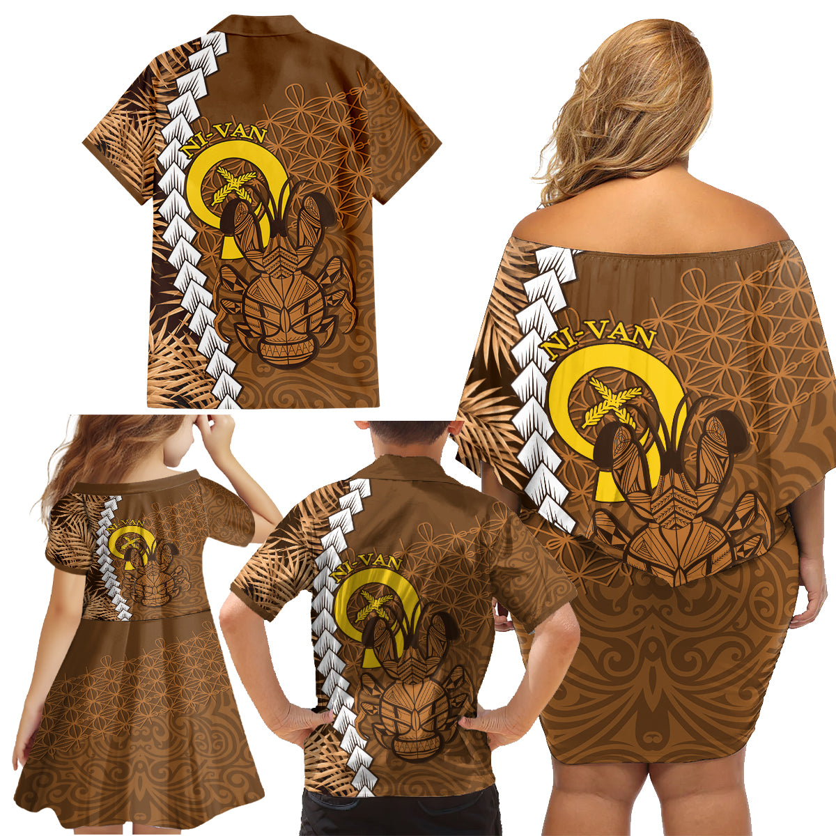 Vanuatu Coconut Crab Family Matching Off Shoulder Short Dress and Hawaiian Shirt Ni-Van Tropical Leaves With Sand Drawing Art LT14 - Polynesian Pride