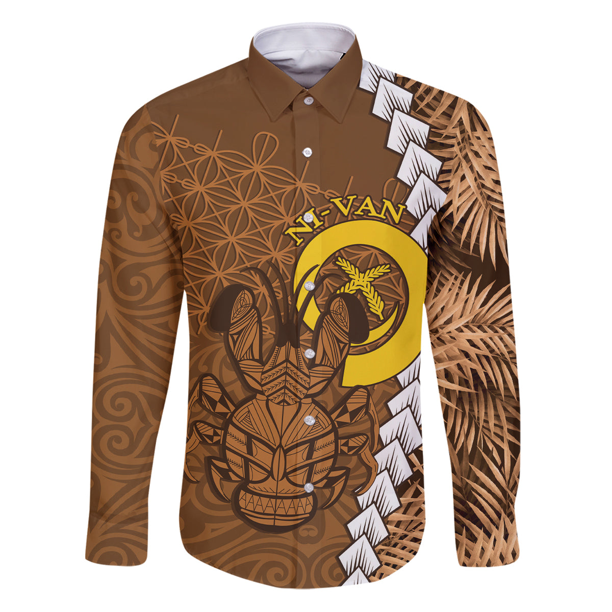 Vanuatu Coconut Crab Family Matching Puletasi and Hawaiian Shirt Ni-Van Tropical Leaves With Sand Drawing Art LT14 Dad's Shirt - Long Sleeve Brown - Polynesian Pride