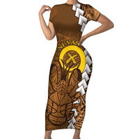 Vanuatu Coconut Crab Family Matching Short Sleeve Bodycon Dress and Hawaiian Shirt Ni-Van Tropical Leaves With Sand Drawing Art LT14 Mom's Dress Brown - Polynesian Pride