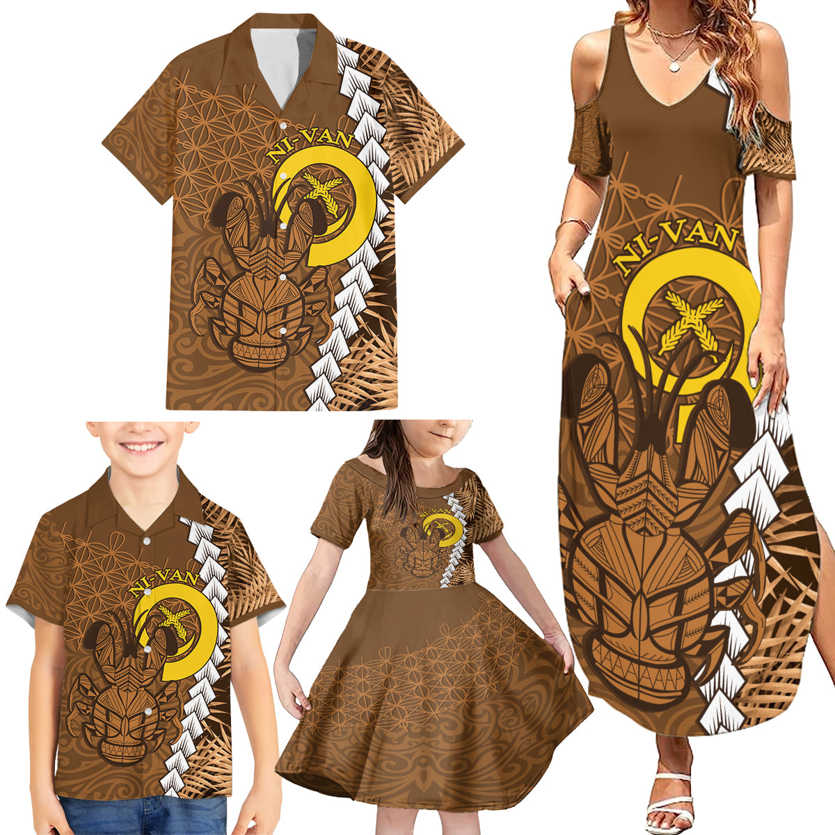 Vanuatu Coconut Crab Family Matching Summer Maxi Dress and Hawaiian Shirt Ni-Van Tropical Leaves With Sand Drawing Art LT14 - Polynesian Pride