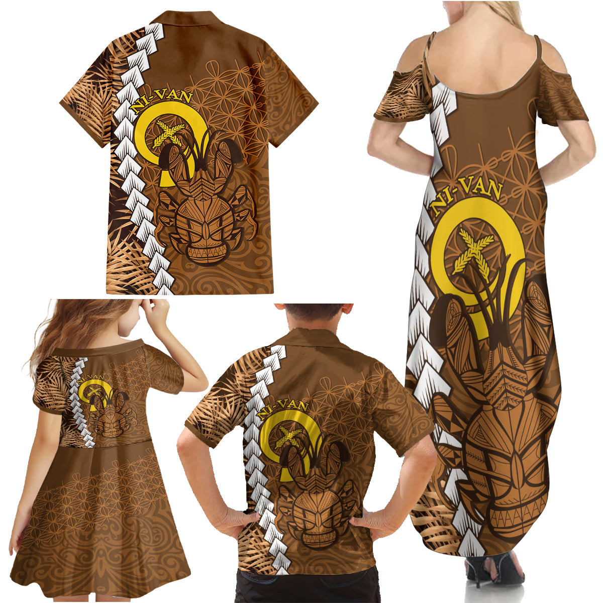 Vanuatu Coconut Crab Family Matching Summer Maxi Dress and Hawaiian Shirt Ni-Van Tropical Leaves With Sand Drawing Art LT14 - Polynesian Pride