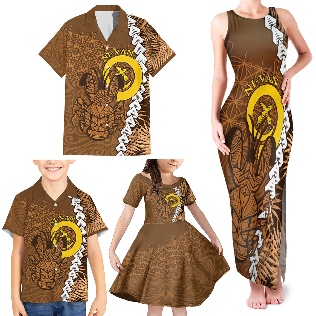 Vanuatu Coconut Crab Family Matching Tank Maxi Dress and Hawaiian Shirt Ni-Van Tropical Leaves With Sand Drawing Art LT14 - Polynesian Pride