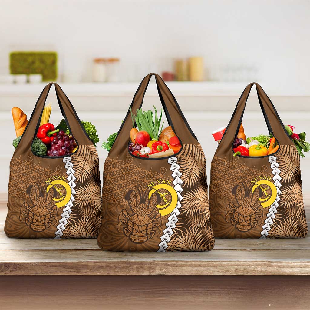 Vanuatu Coconut Crab Grocery Bag Ni-Van Tropical Leaves With Sand Drawing Art