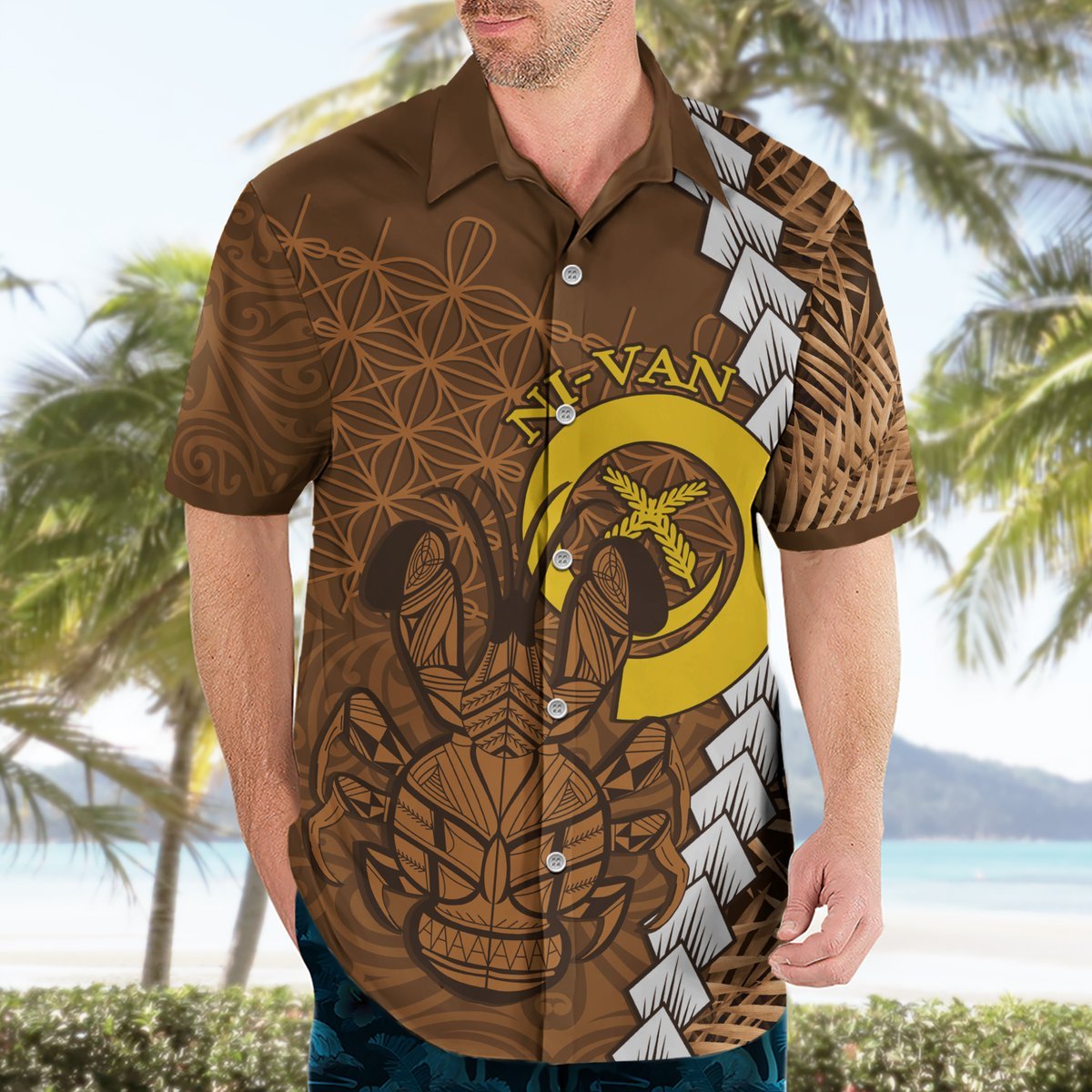 Vanuatu Coconut Crab Hawaiian Shirt Ni-Van Tropical Leaves With Sand Drawing Art LT14 - Polynesian Pride