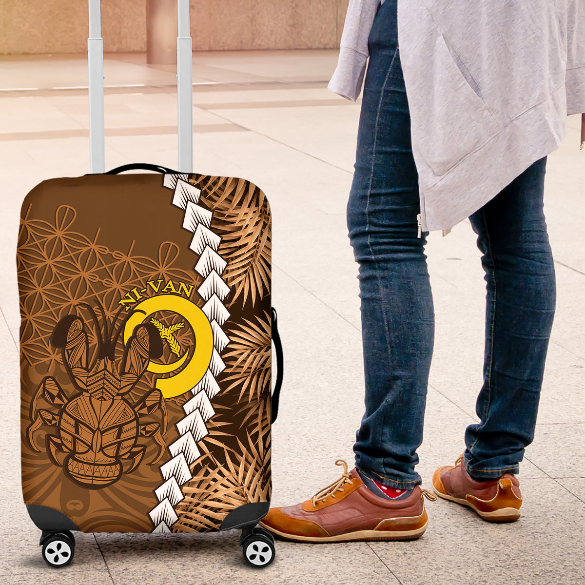Vanuatu Coconut Crab Luggage Cover Ni-Van Tropical Leaves With Sand Drawing Art LT14 Brown - Polynesian Pride