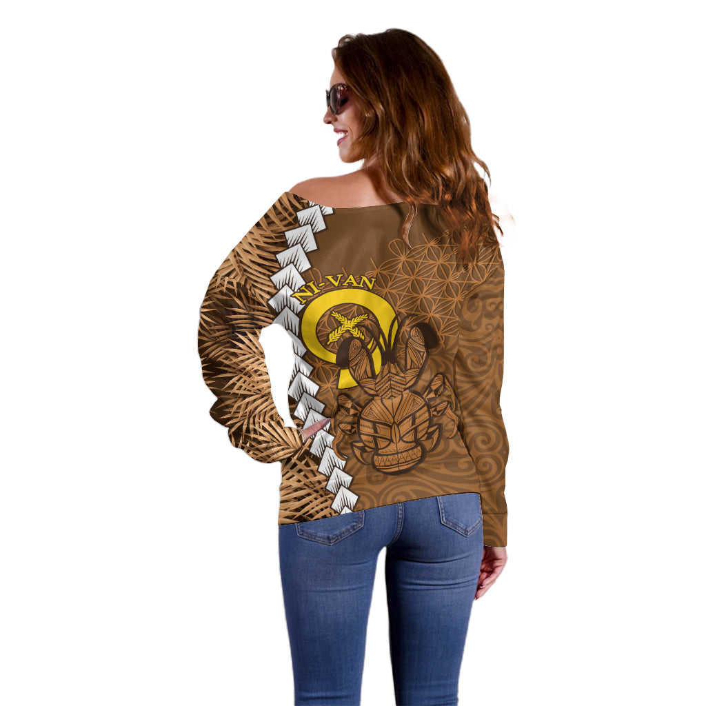 Vanuatu Coconut Crab Off Shoulder Sweater Ni-Van Tropical Leaves With Sand Drawing Art