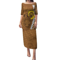 Vanuatu Coconut Crab Puletasi Ni-Van Tropical Leaves With Sand Drawing Art LT14 Long Dress Brown - Polynesian Pride
