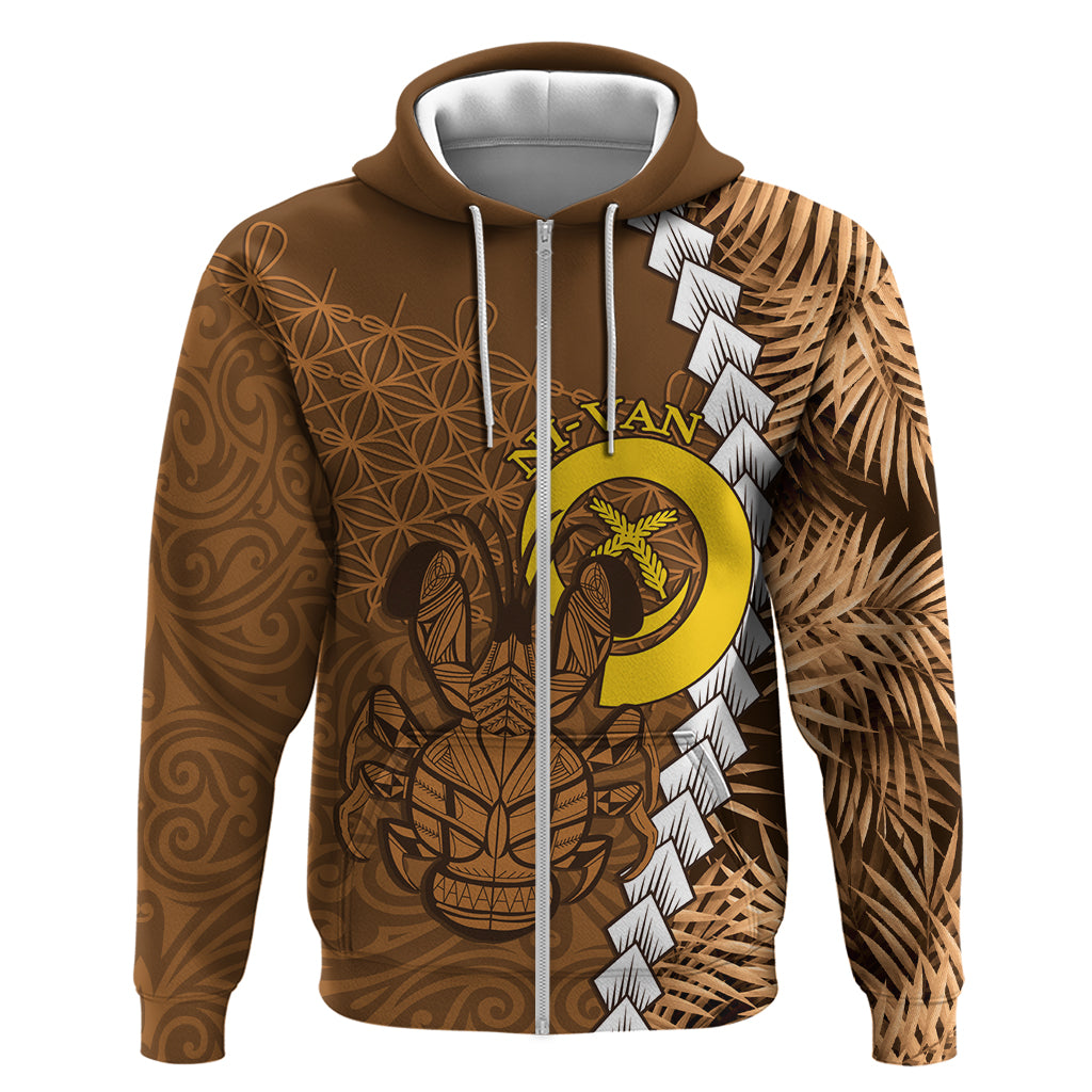 Vanuatu Coconut Crab Zip Hoodie Ni-Van Tropical Leaves With Sand Drawing Art LT14 Zip Hoodie Brown - Polynesian Pride