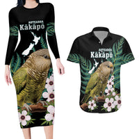 Personalised New Zealand Kakapo Couples Matching Long Sleeve Bodycon Dress and Hawaiian Shirt Aotearoa Fern With Manuka LT14 Black - Polynesian Pride