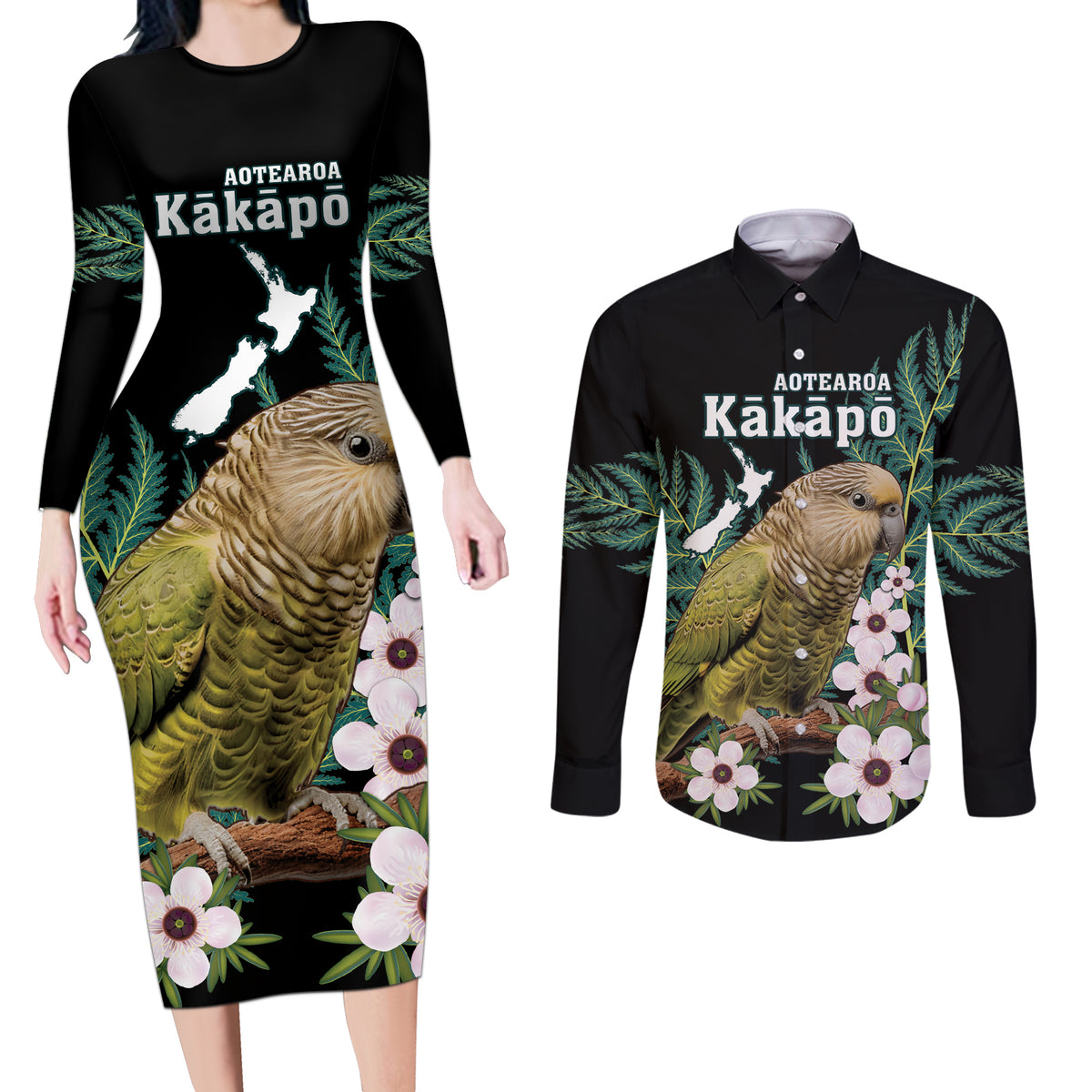 Personalised New Zealand Kakapo Couples Matching Long Sleeve Bodycon Dress and Long Sleeve Button Shirt Aotearoa Fern With Manuka LT14 Black - Polynesian Pride