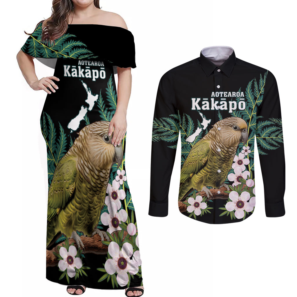Personalised New Zealand Kakapo Couples Matching Off Shoulder Maxi Dress and Long Sleeve Button Shirt Aotearoa Fern With Manuka LT14 Black - Polynesian Pride