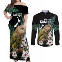 Personalised New Zealand Kakapo Couples Matching Off Shoulder Maxi Dress and Long Sleeve Button Shirt Aotearoa Fern With Manuka LT14 Black - Polynesian Pride