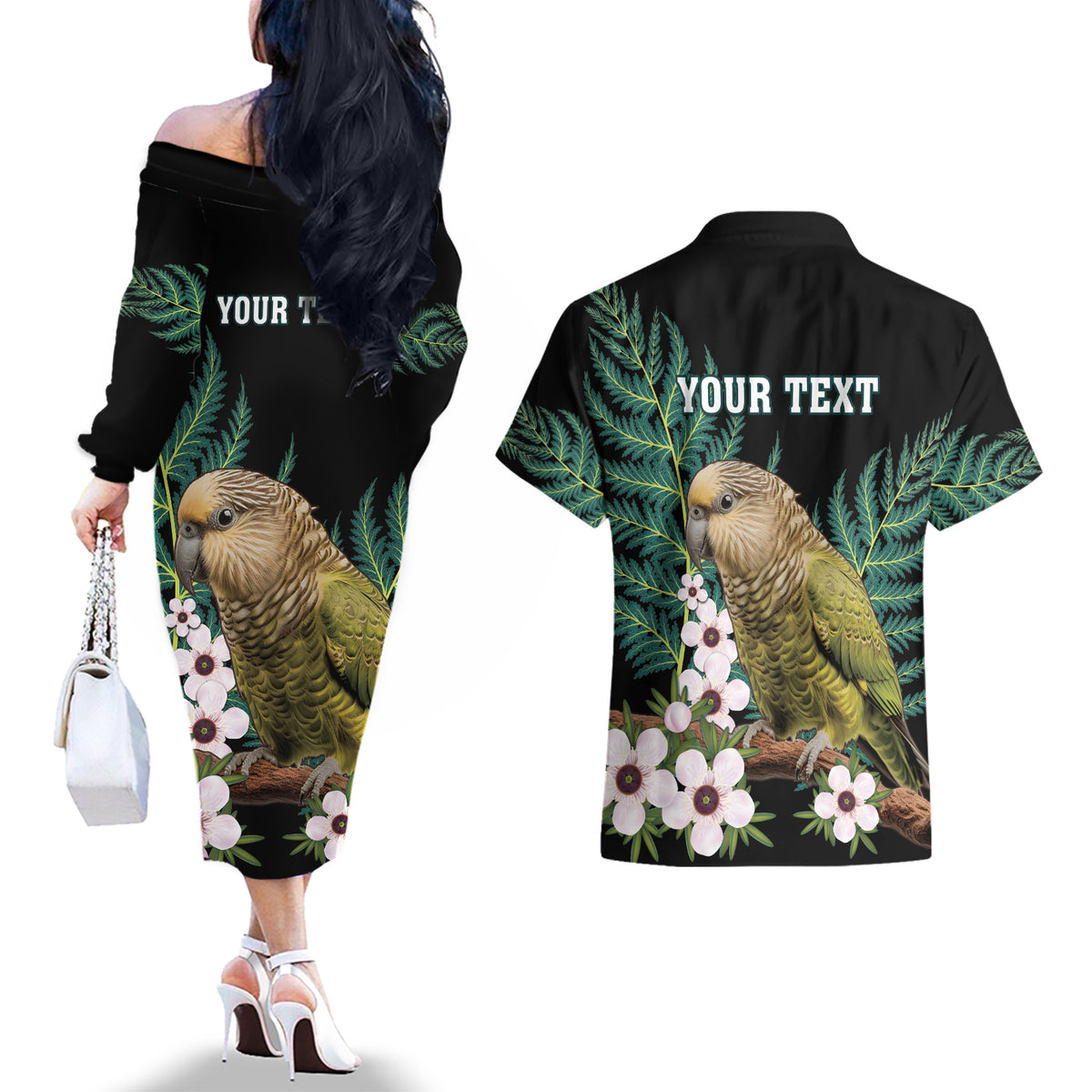Personalised New Zealand Kakapo Couples Matching Off The Shoulder Long Sleeve Dress and Hawaiian Shirt Aotearoa Fern With Manuka LT14 - Polynesian Pride
