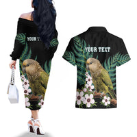 Personalised New Zealand Kakapo Couples Matching Off The Shoulder Long Sleeve Dress and Hawaiian Shirt Aotearoa Fern With Manuka LT14 - Polynesian Pride