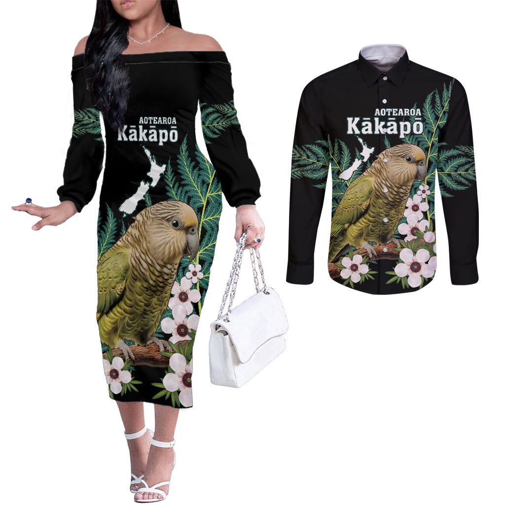 Personalised New Zealand Kakapo Couples Matching Off The Shoulder Long Sleeve Dress and Long Sleeve Button Shirt Aotearoa Fern With Manuka LT14 Black - Polynesian Pride