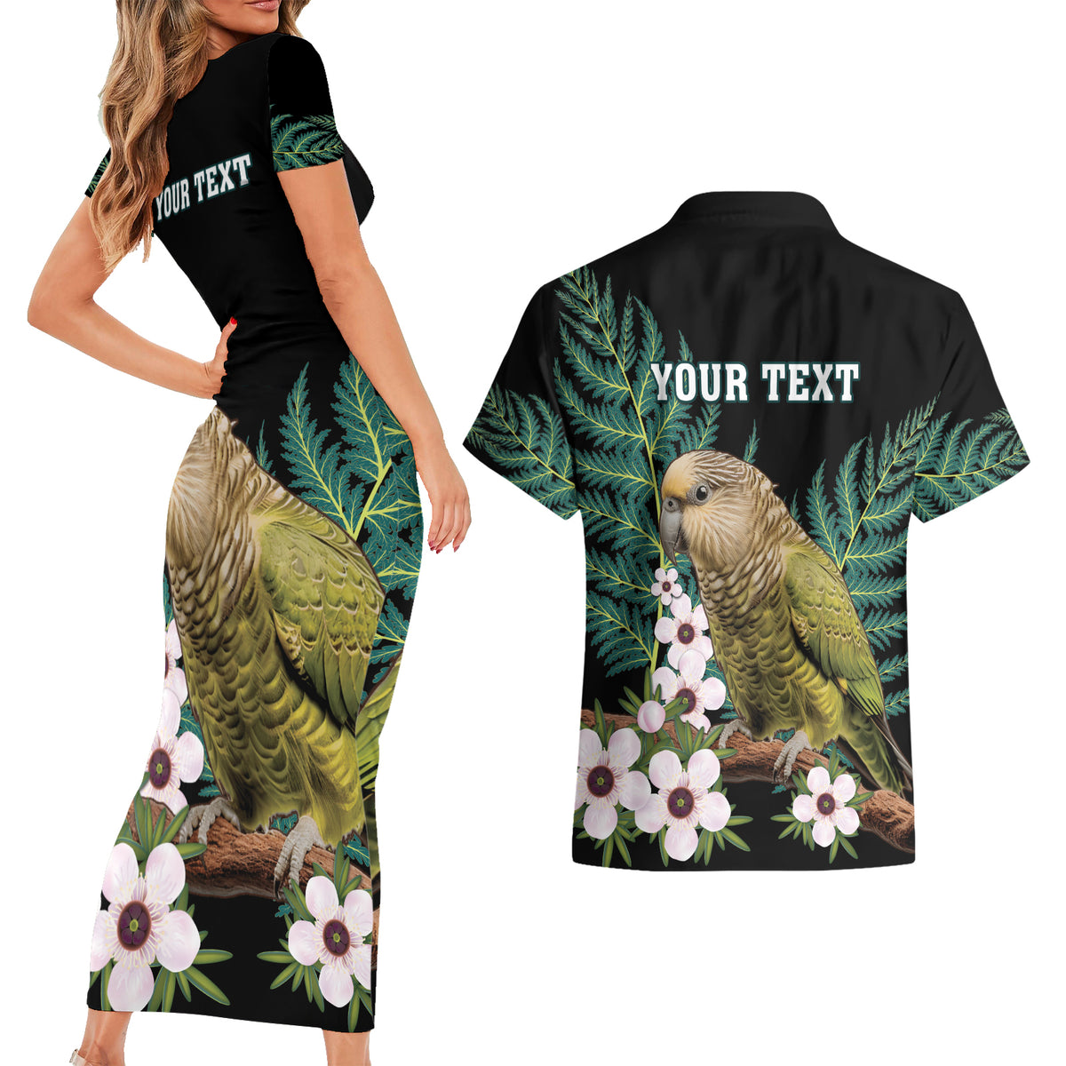 Personalised New Zealand Kakapo Couples Matching Short Sleeve Bodycon Dress and Hawaiian Shirt Aotearoa Fern With Manuka LT14 - Polynesian Pride