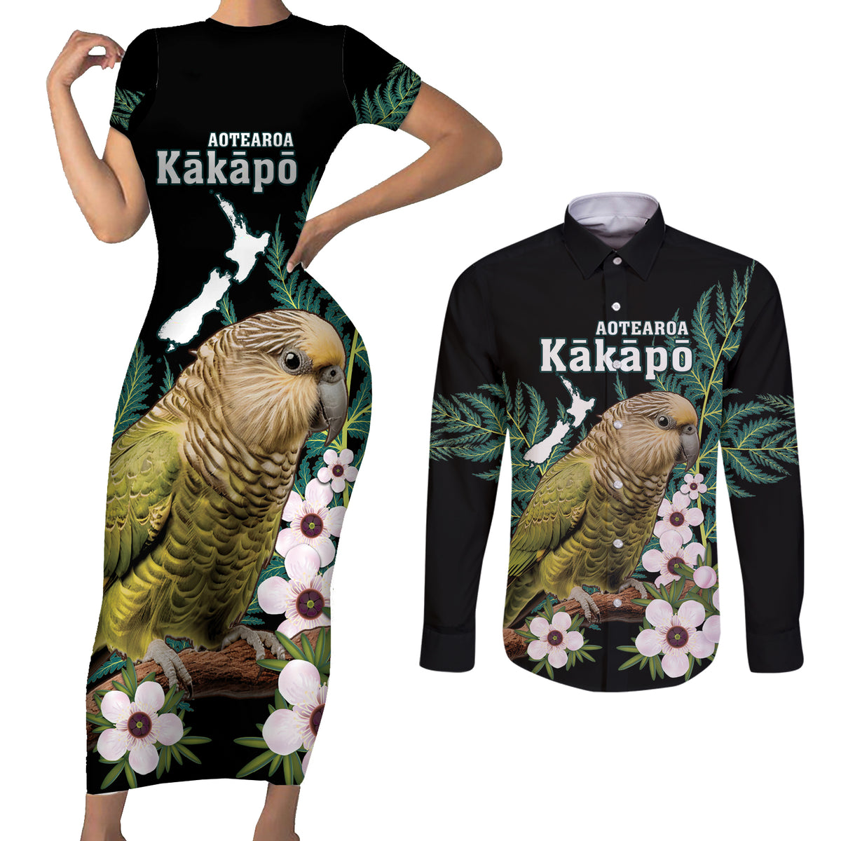 Personalised New Zealand Kakapo Couples Matching Short Sleeve Bodycon Dress and Long Sleeve Button Shirt Aotearoa Fern With Manuka LT14 Black - Polynesian Pride