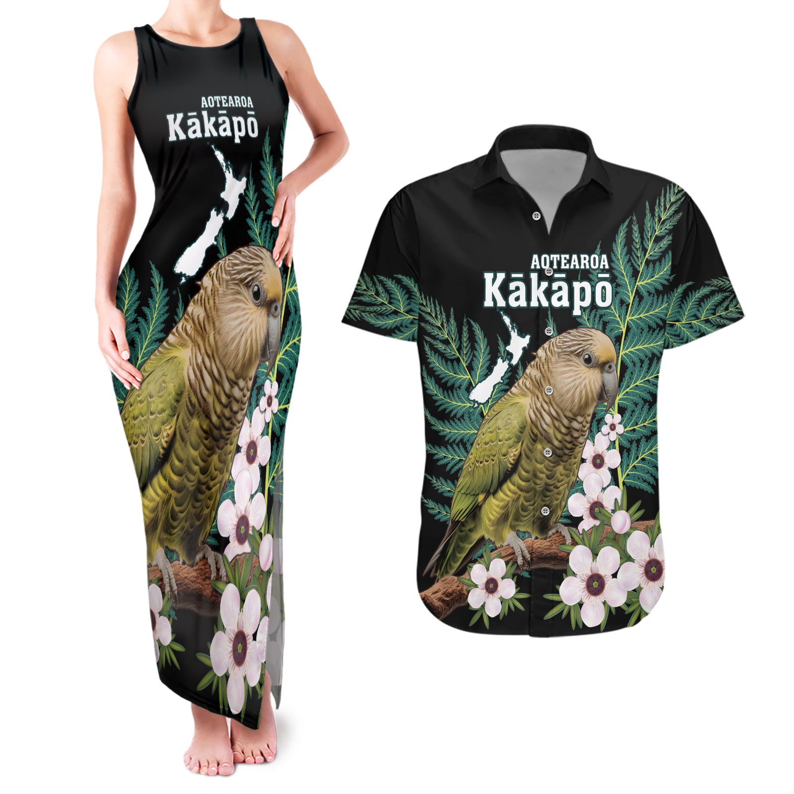 Personalised New Zealand Kakapo Couples Matching Tank Maxi Dress and Hawaiian Shirt Aotearoa Fern With Manuka