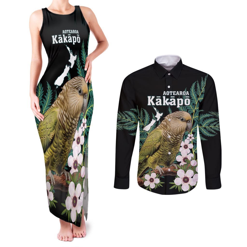 Personalised New Zealand Kakapo Couples Matching Tank Maxi Dress and Long Sleeve Button Shirt Aotearoa Fern With Manuka LT14 Black - Polynesian Pride