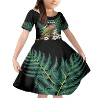 Personalised New Zealand Kakapo Family Matching Mermaid Dress and Hawaiian Shirt Aotearoa Fern With Manuka LT14 Daughter's Dress Black - Polynesian Pride