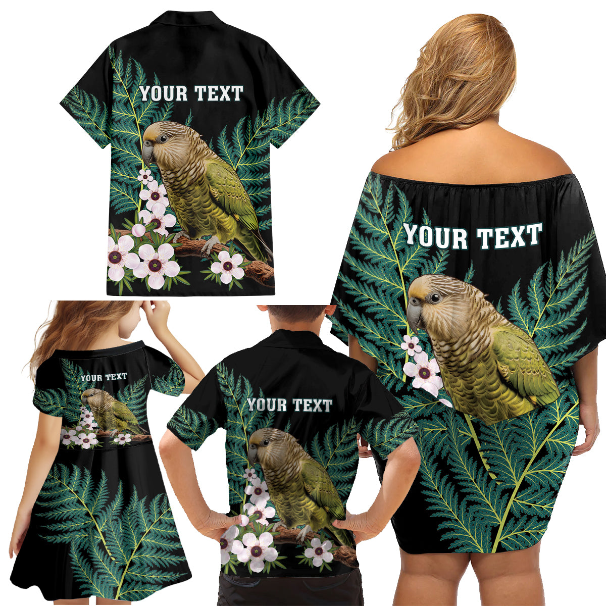 Personalised New Zealand Kakapo Family Matching Off Shoulder Short Dress and Hawaiian Shirt Aotearoa Fern With Manuka LT14 - Polynesian Pride