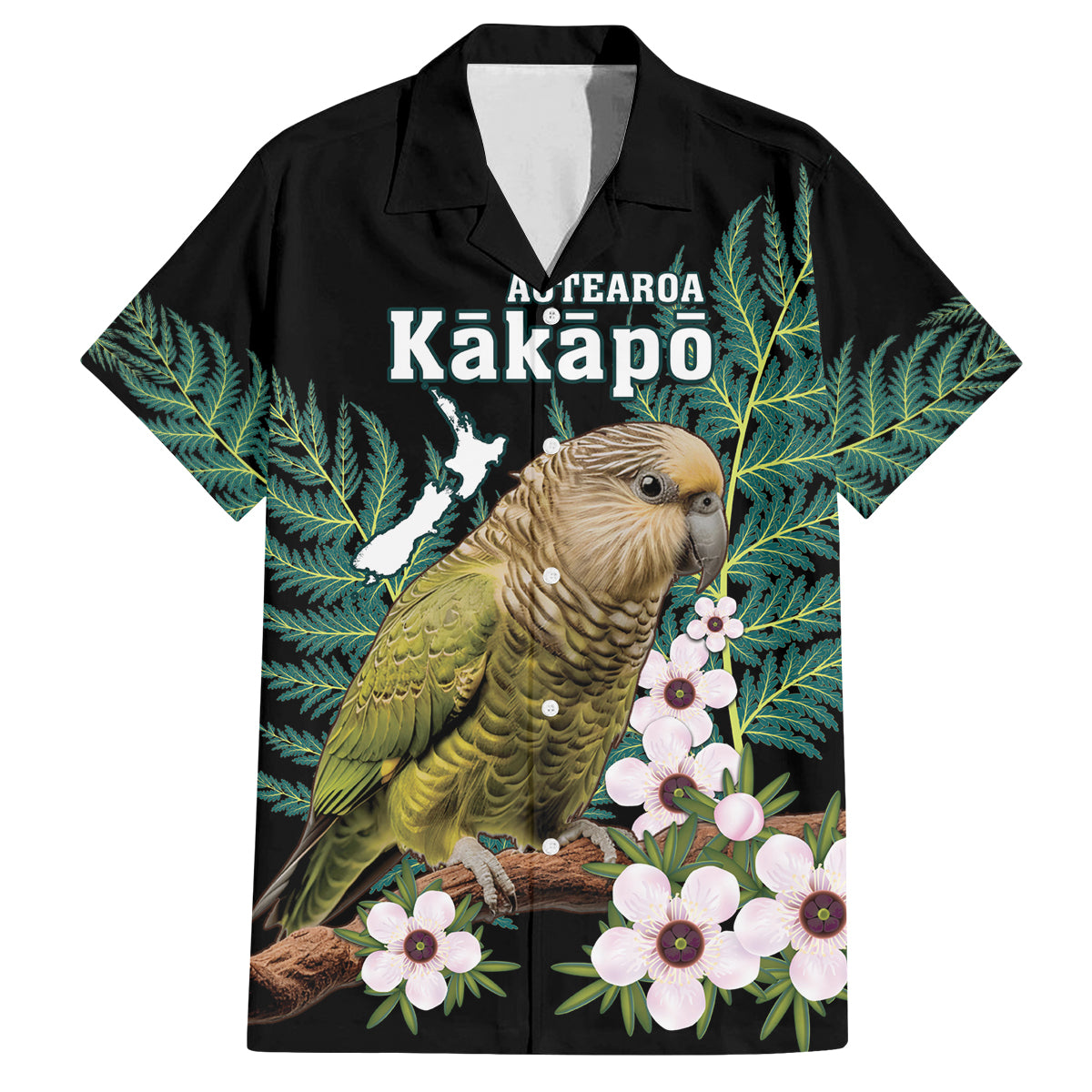 Personalised New Zealand Kakapo Family Matching Off Shoulder Short Dress and Hawaiian Shirt Aotearoa Fern With Manuka LT14 Dad's Shirt - Short Sleeve Black - Polynesian Pride