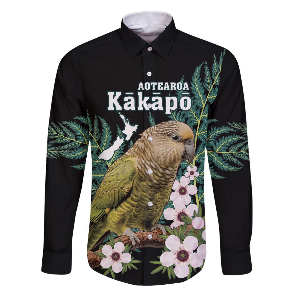 Personalised New Zealand Kakapo Family Matching Puletasi and Hawaiian Shirt Aotearoa Fern With Manuka LT14 Dad's Shirt - Long Sleeve Black - Polynesian Pride
