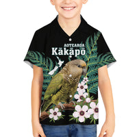 Personalised New Zealand Kakapo Family Matching Short Sleeve Bodycon Dress and Hawaiian Shirt Aotearoa Fern With Manuka LT14 Son's Shirt Black - Polynesian Pride