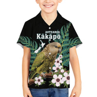 Personalised New Zealand Kakapo Family Matching Tank Maxi Dress and Hawaiian Shirt Aotearoa Fern With Manuka LT14 Son's Shirt Black - Polynesian Pride