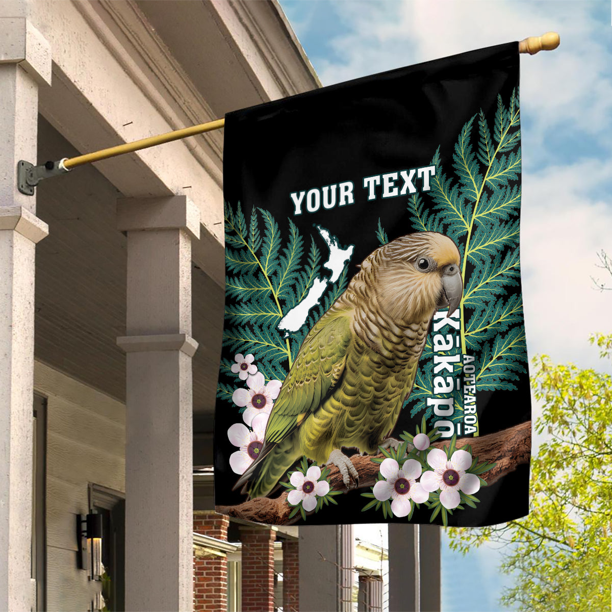 Personalised New Zealand Kakapo Garden Flag Aotearoa Fern With Manuka LT14 House Flag Black - Polynesian Pride