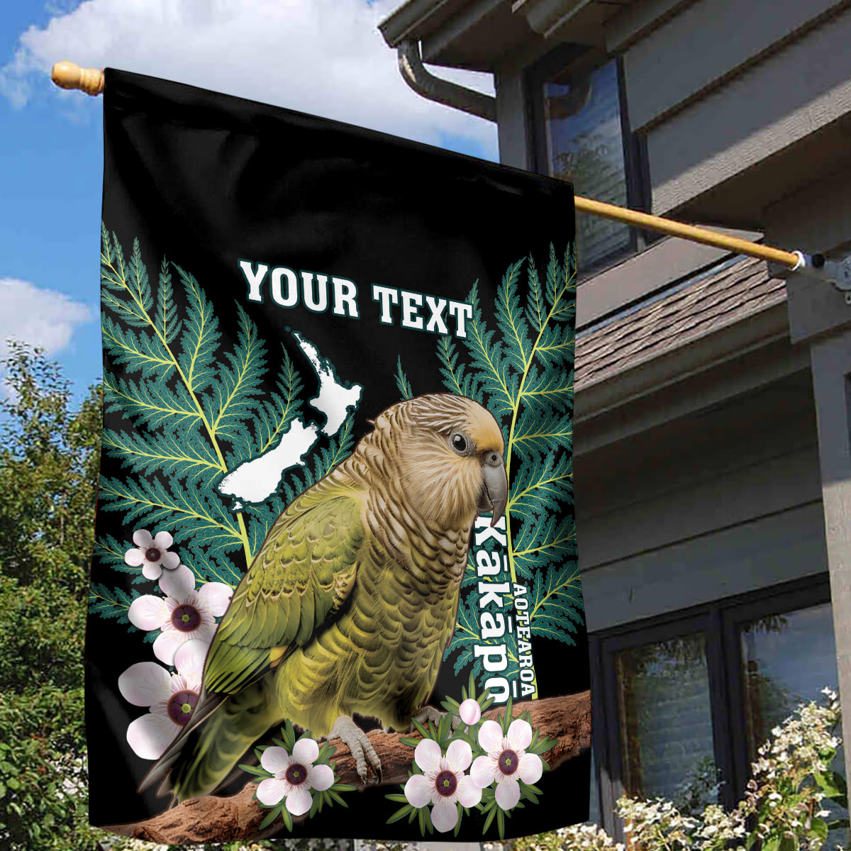 Personalised New Zealand Kakapo Garden Flag Aotearoa Fern With Manuka LT14 - Polynesian Pride