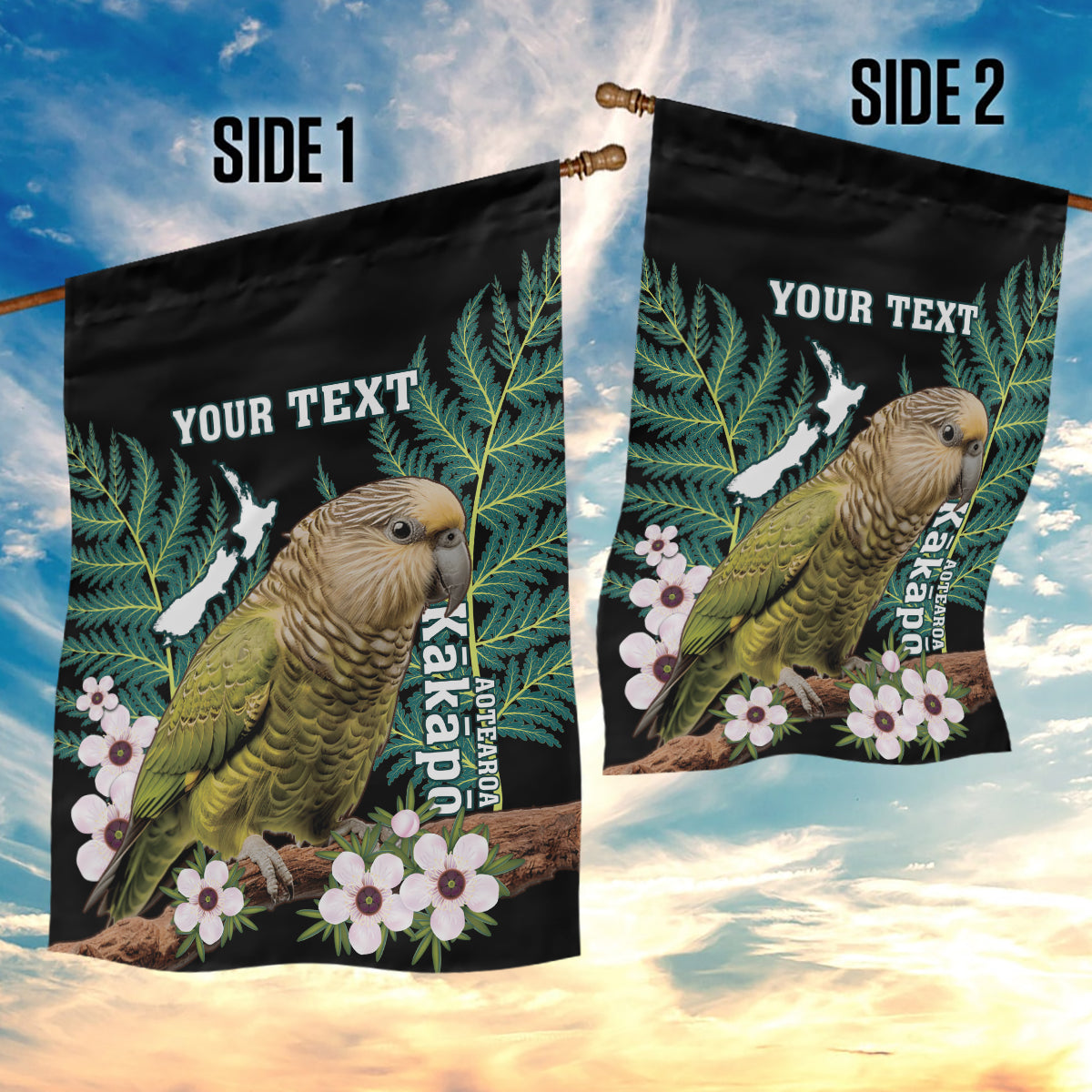 Personalised New Zealand Kakapo Garden Flag Aotearoa Fern With Manuka LT14 - Polynesian Pride
