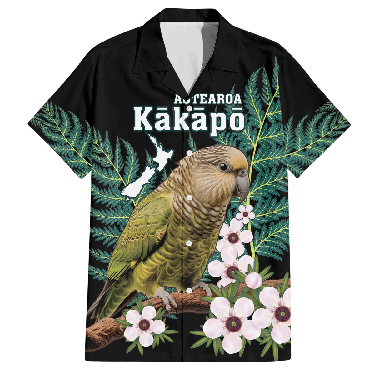 Personalised New Zealand Kakapo Hawaiian Shirt Aotearoa Fern With Manuka LT14 Black - Polynesian Pride