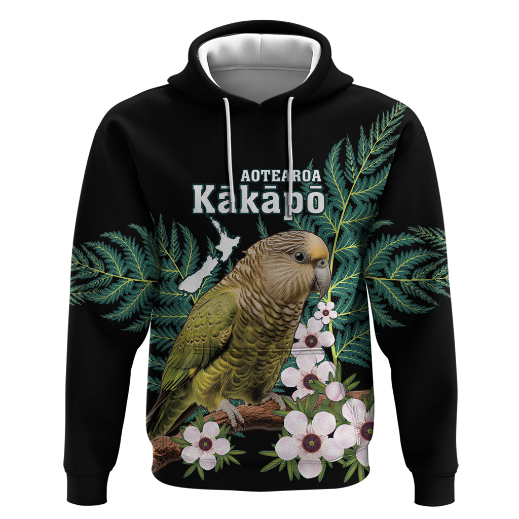 Personalised New Zealand Kakapo Hoodie Aotearoa Fern With Manuka LT14 Pullover Hoodie Black - Polynesian Pride