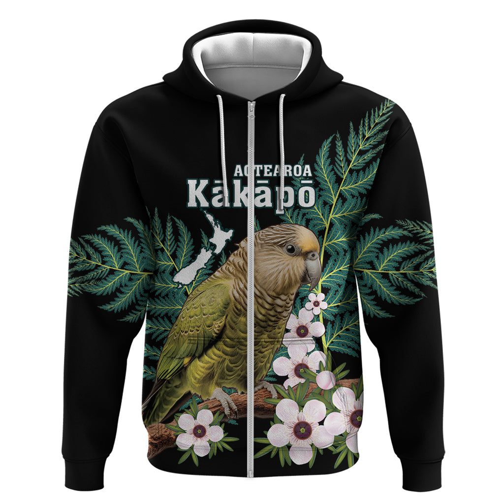 Personalised New Zealand Kakapo Hoodie Aotearoa Fern With Manuka LT14 Zip Hoodie Black - Polynesian Pride