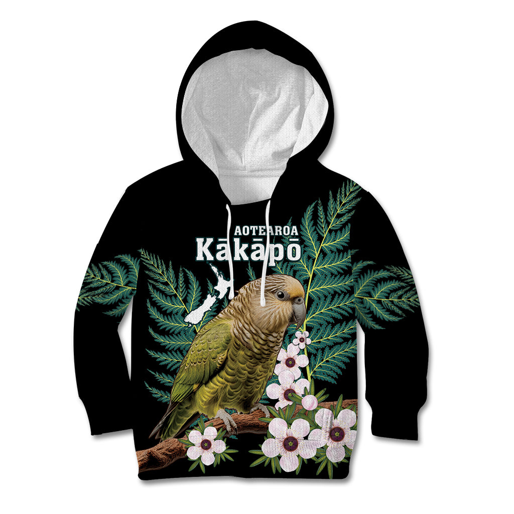 Personalised New Zealand Kakapo Kid Hoodie Aotearoa Fern With Manuka LT14 Hoodie Black - Polynesian Pride