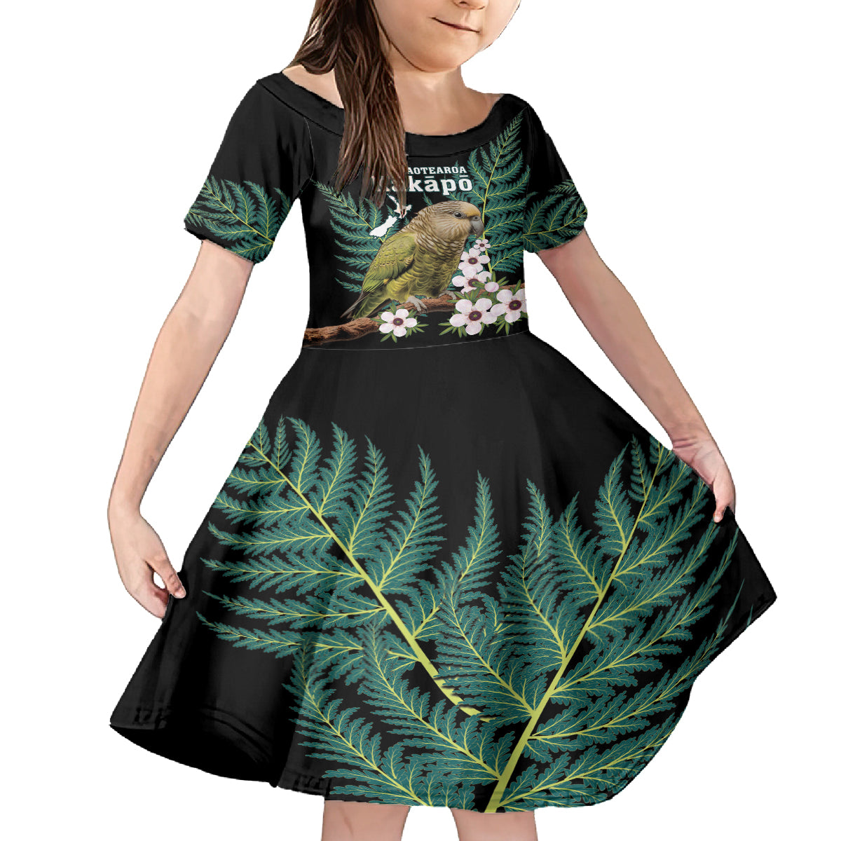 Personalised New Zealand Kakapo Kid Short Sleeve Dress Aotearoa Fern With Manuka LT14 KID Black - Polynesian Pride