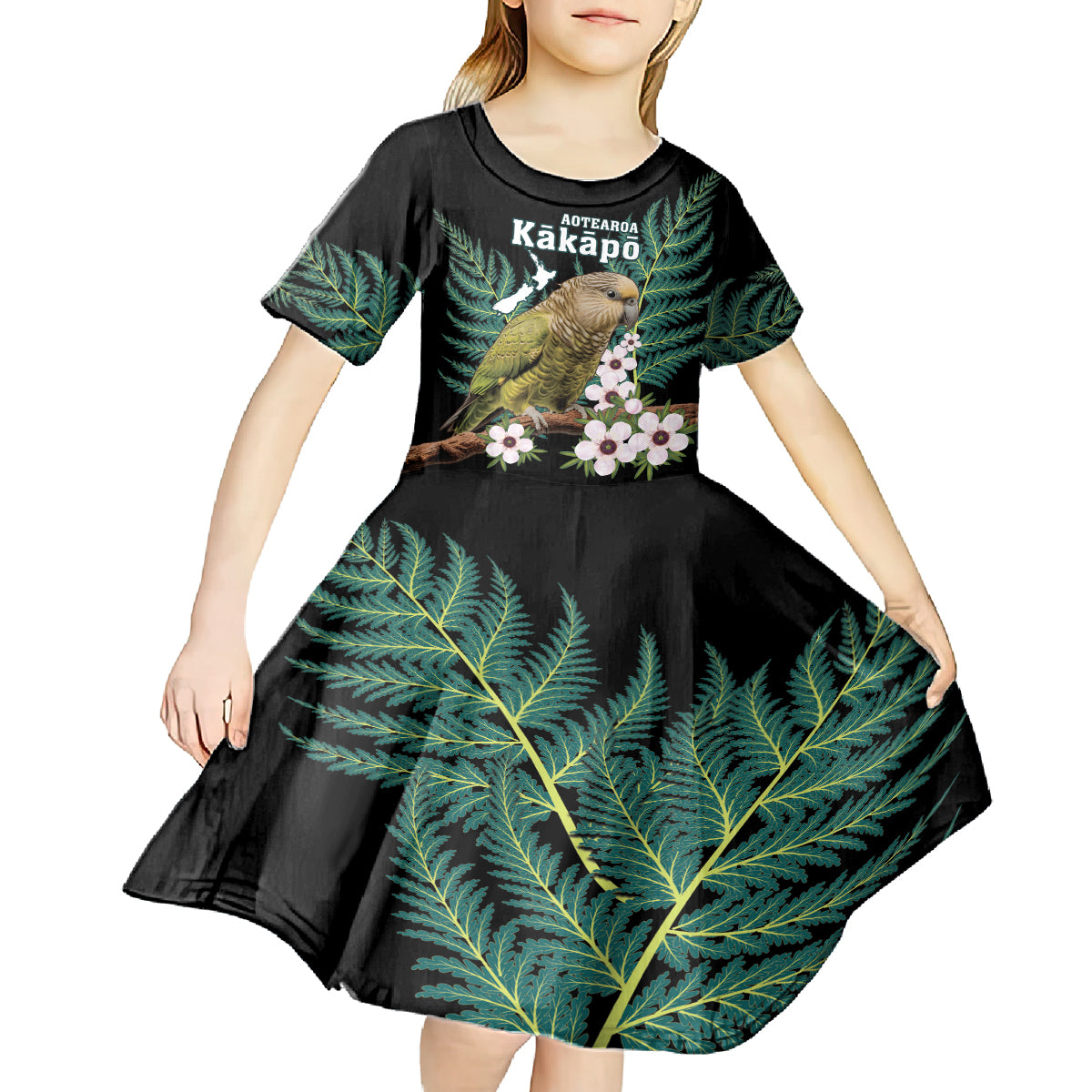 Personalised New Zealand Kakapo Kid Short Sleeve Dress Aotearoa Fern With Manuka LT14 - Polynesian Pride