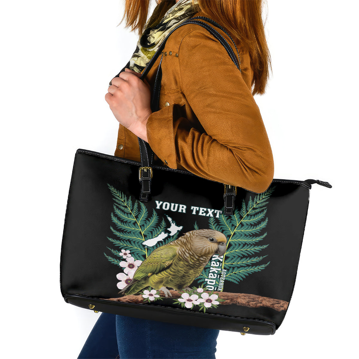 Personalised New Zealand Kakapo Leather Tote Bag Aotearoa Fern With Manuka LT14 Black - Polynesian Pride
