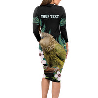Personalised New Zealand Kakapo Long Sleeve Bodycon Dress Aotearoa Fern With Manuka LT14 - Polynesian Pride