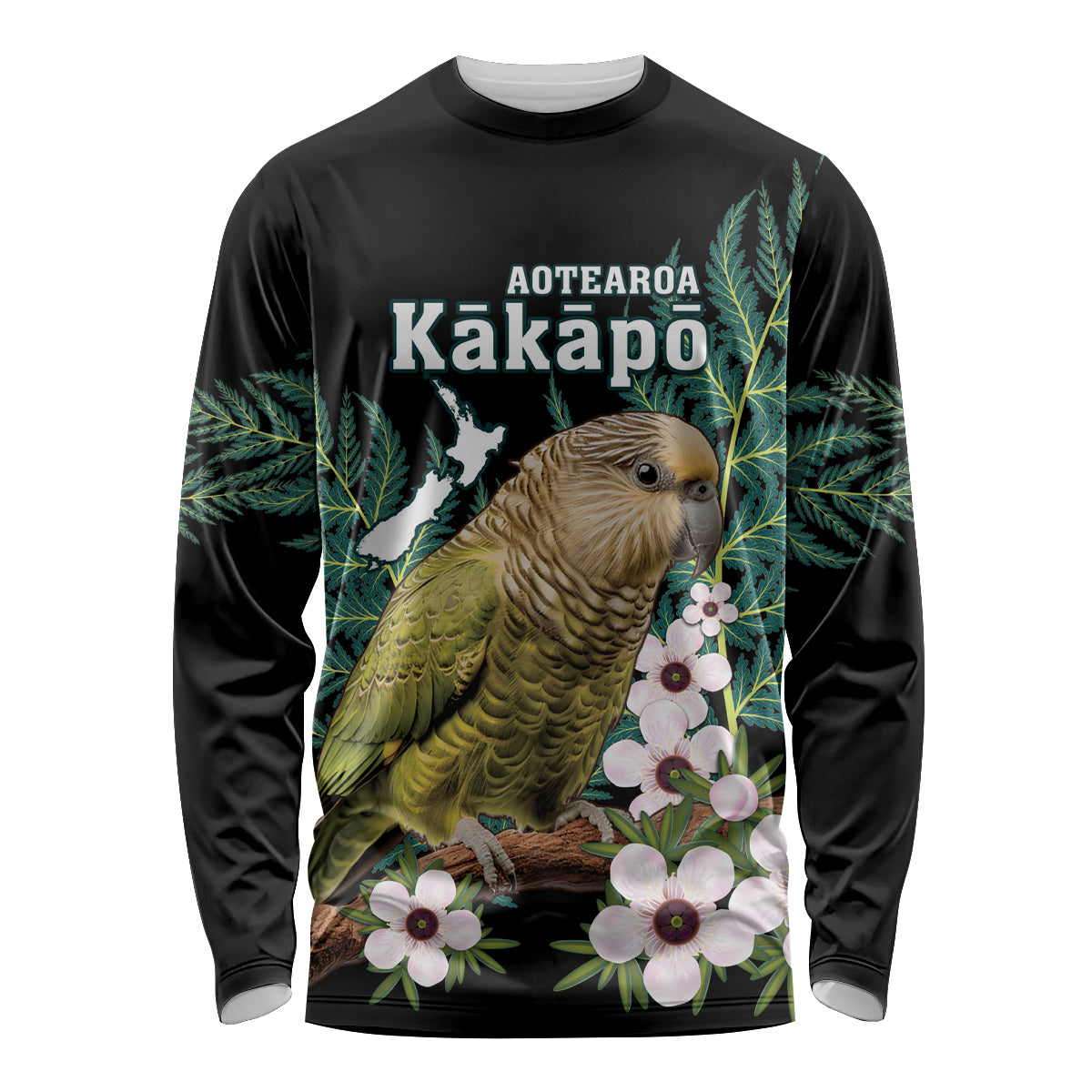 Personalised New Zealand Kakapo Long Sleeve Shirt Aotearoa Fern With Manuka LT14 Unisex Black - Polynesian Pride